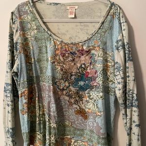 Beaded floral 3/4 Sleeve T-shirt